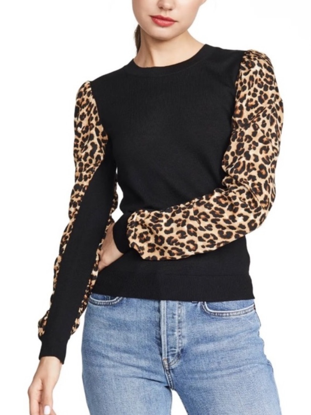 Veronica Beard Black Merino Wool Sweater Leopard Print Puff Sleeve 25601 - Picture 2 of 10
